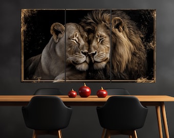 Modern Lion & Lioness Canvas Wall Art - Watercolor Animal Couple Painting, Framed Picture For Living Room, Bedroom