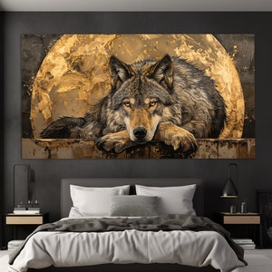 Wolf auf Mond Hintergrund Abstrakt Leinwanddruck, Ureinwohner Wandkunst, Wolf auf Mond, Tiere Leinwandkunst, Ureinwohner Wanddekor
