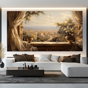 Impressão em tela com vista abstrata de uma vila italiana a partir de uma janela aberta, arte de parede italiana vintage, decoração de parede para quarto, pintura da Itália antiga