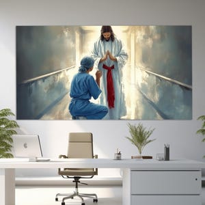 Hospital Wall Decor, Abstract Doctor and Jesus Christ Canvas Print in a Vintage Oil Painting Style, Religious Wall Art, Doctor Gift