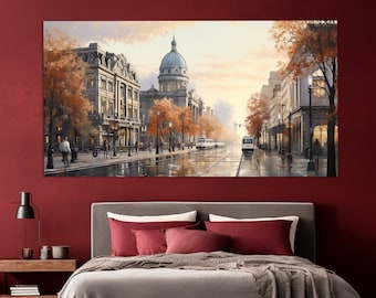 Puede incluir: Una pintura que representa una escena de calle de ciudad con un edificio blanco en el fondo y un tranvía en primer plano. La calle está bordeada de árboles y hay gente caminando por la acera.