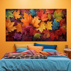 Impresión en lienzo de hojas de otoño coloridas, arte mural otoñal, póster otoñal, decoración de pared para dormitorio, pintura otoñal, lienzo enmarcado