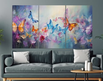 Colorful Butterflies Canvas Print in a Vintage Oil Painting Style, Abstract Wall Art, Butterfly Poster, Floral Wall Decor