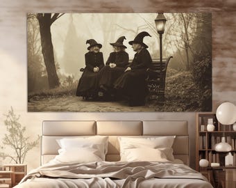 Impression sur toile Vieilles sorcières sur le banc, tableau académique sombre, art mural sorcière, tableau sorcières, toile d'art gothique, affiche gothique