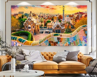 Park Guell in Barcelona Canvas Print in a Vintage Oil Painting Style, Abstract Barcelona Wall Art, Barcelona Painting, Spain Canvas Print