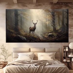 Hirsch im Wald Leinwanddruck in einem Vintage Ölmalerei-Stil, mystische Waldmalerei, Hirschmalerei, Tiere Wanddekor, Hirsch Poster