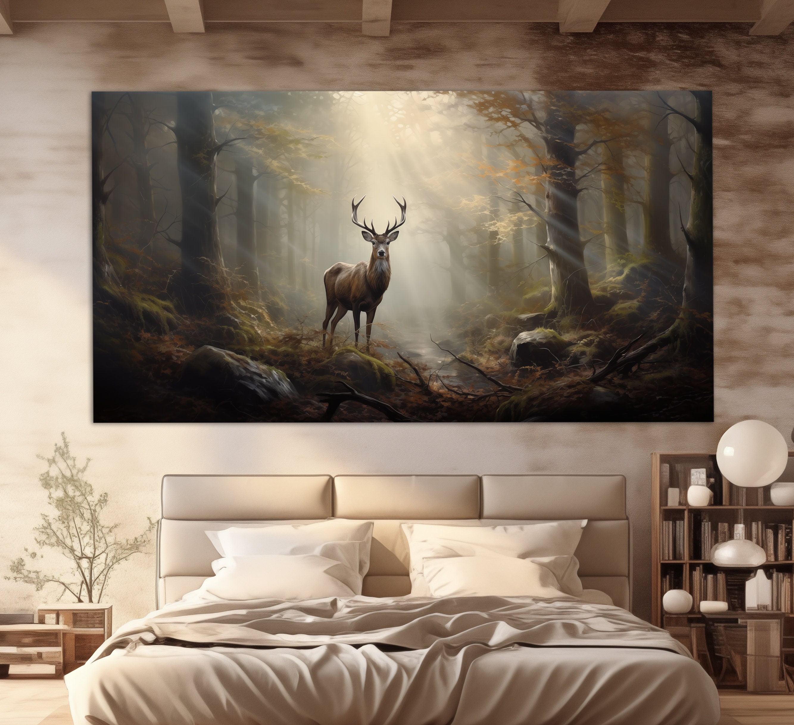 Deer in Forest Canvas Print in a Vintage Oil Painting Style, Mystical ...