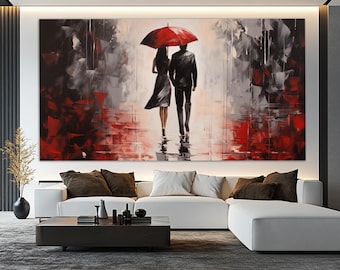 Romantic Couple with Red Umbrella Canvas Print, Abstract Love Wall Art, Love Canvas Art, Romantic Painting, Neutral Tones Wall Art