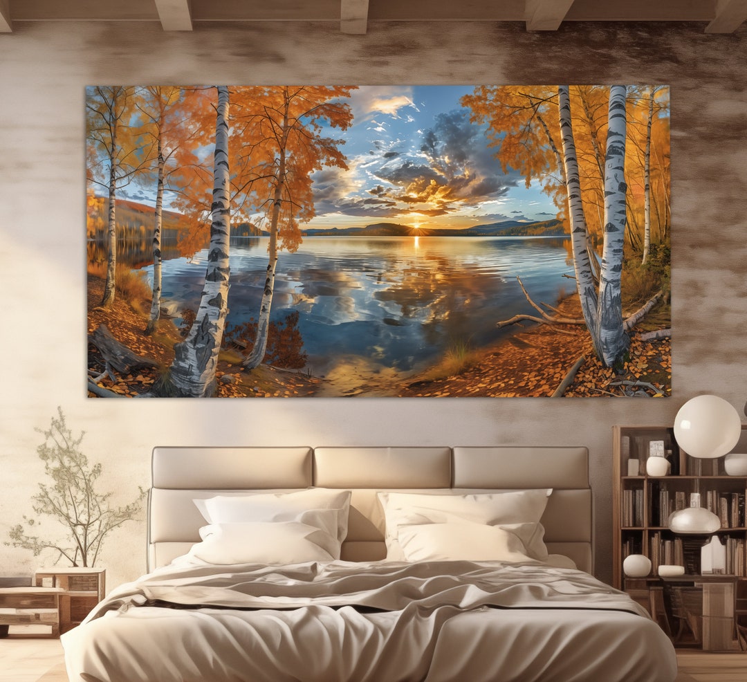 Autumn Lake in Forest Wall Art, Birch Grove Poster, Birch Forest Wall ...