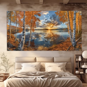 Quadro murale "Lago autunnale nella foresta", poster "Boschetto di betulle", quadro murale "Bosco di betulle", decorazione murale autunnale, dipinto di betulle autunnali, tela incorniciata