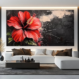 Abstract Hibiscus Flower Canvas Print, Floral Wall Decor, Romantic Wall Art, Red Hibiscus Painting, Romantic Gift, Hibiscus Print