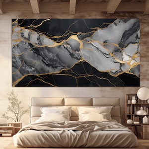 Abstract Black Marble Canvas Print, Marble Painting, Abstract Marble Wall Art, Contemporary Wall Decor, Black and Gold Wall Decor