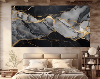 Abstract Black Marble Canvas Print, Marble Painting, Abstract Marble Wall Art, Contemporary Wall Decor, Black and Gold Wall Decor