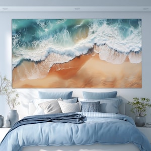 Impresión en lienzo de primer plano de playa, arte mural de playa, pintura de mar y arena, decoración de pared de cabaña de playa, impresión en lienzo de mar en tonos neutros