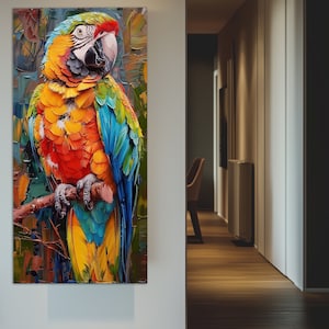 Colorful Parrot Canvas Print in a Vintage Oil Painting Style, Parrots Wall Art, Parrot Painting, Large Vertical Wall Art, Parrot Poster