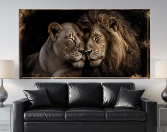 Canvasafdruk liefdevol leeuwen paar, leeuw en leeuwin schilderij, romantische muurkunst, leeuwen schilderij, romantisch cadeau, liefdeskunst, slaapkamer muur decor