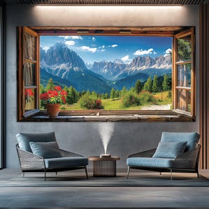 Impresión en lienzo con vista panorámica de los Alpes veraniegos desde una ventana abierta, arte mural de montañas, decoración de pared para dormitorio, póster con ventana falsa, arte en lienzo enmarcado
