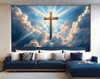 Quadro bíblico de parede, pintura da cruz no céu, arte em tela com a Bíblia, arte religiosa em tela, pintura da cruz, decoração religiosa, pronto para pendurar
