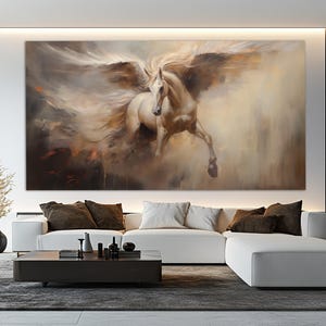 Neutrale Farben Pegasus Leinwand in einem Vintage Ölmalerei Stil, Mythologie Wandkunst, Pegasus Malerei, Pegasus Poster, sanfte Töne Kunst
