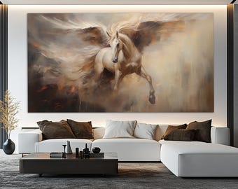 May include: A white horse with wings, painted in a realistic style, with a soft, ethereal background. The horse is depicted in mid-flight, with its wings spread wide and its mane flowing in the wind.