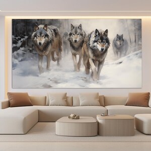 Wolves in Winter Forest Canvas Print in a Vintage Oil Painting Style, Neutral Colors Wall Art, Wolf Painting, Animals Wall Decor image 4