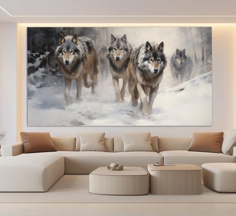 Wolves in Winter Forest Canvas Print in a Vintage Oil Painting Style, Neutral Colors Wall Art, Wolf Painting, Animals Wall Decor image 4