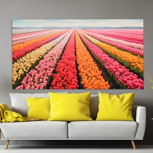Colorful Tulip Flowers Field Canvas Print, Floral Wall Decor, Romantic Wall Art, Tulips Painting, Floral Canvas Art, Romantic Gift
