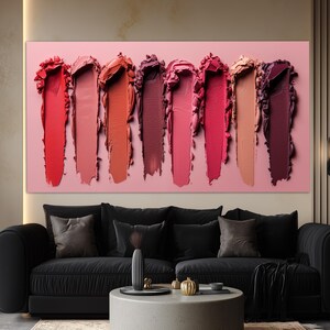 Abstracte canvasafdruk lippenstifttextuur, mode kunst aan de muur, decor make-up studio, lippenstift schilderij, make-up muurkunst, make-up canvaskunst