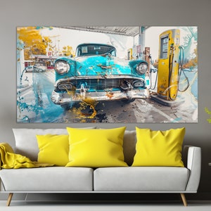 Vintage Gas Station with Retro Car Canvas Print in an Abstract Oil Painting Style, Vintage Wall Art, Gas Station Decor, Car Service Decor