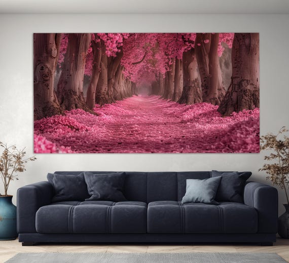 Abstrakter rosa Wald Leinwanddruck, rosa Fantasie Wandbild, rosa Wand-Dekor, rosa Bäume Malerei, rosa Blütenblätter Leinwand Kunst