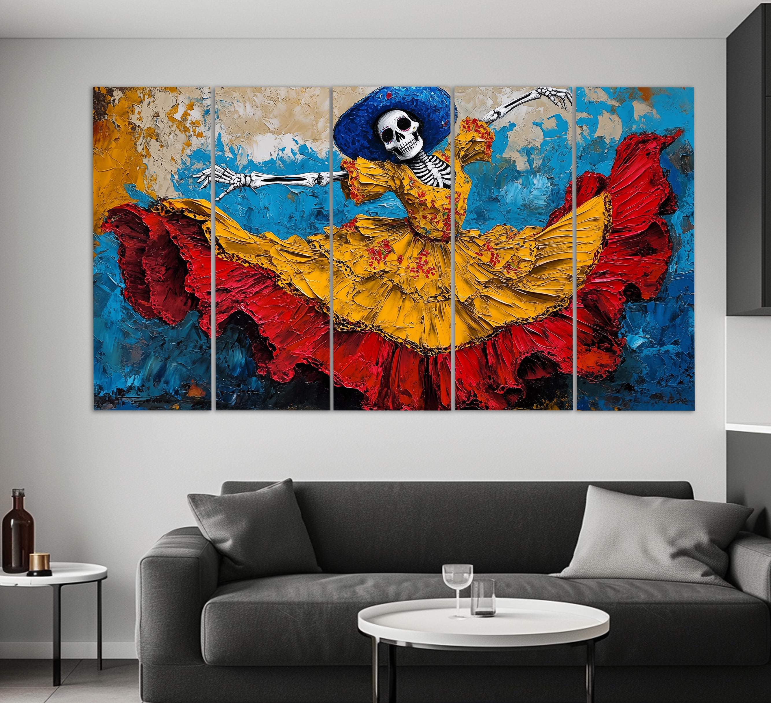 油絵風のスケルトンダンスキャンバスプリント、メキシコの壁アート