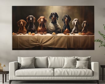 Dogs at Dinner Table Canvas Print in a Vintage Painting Style, Dogs Wall Art, Abstract Dogs Painting, Funny Dogs Canvas Art