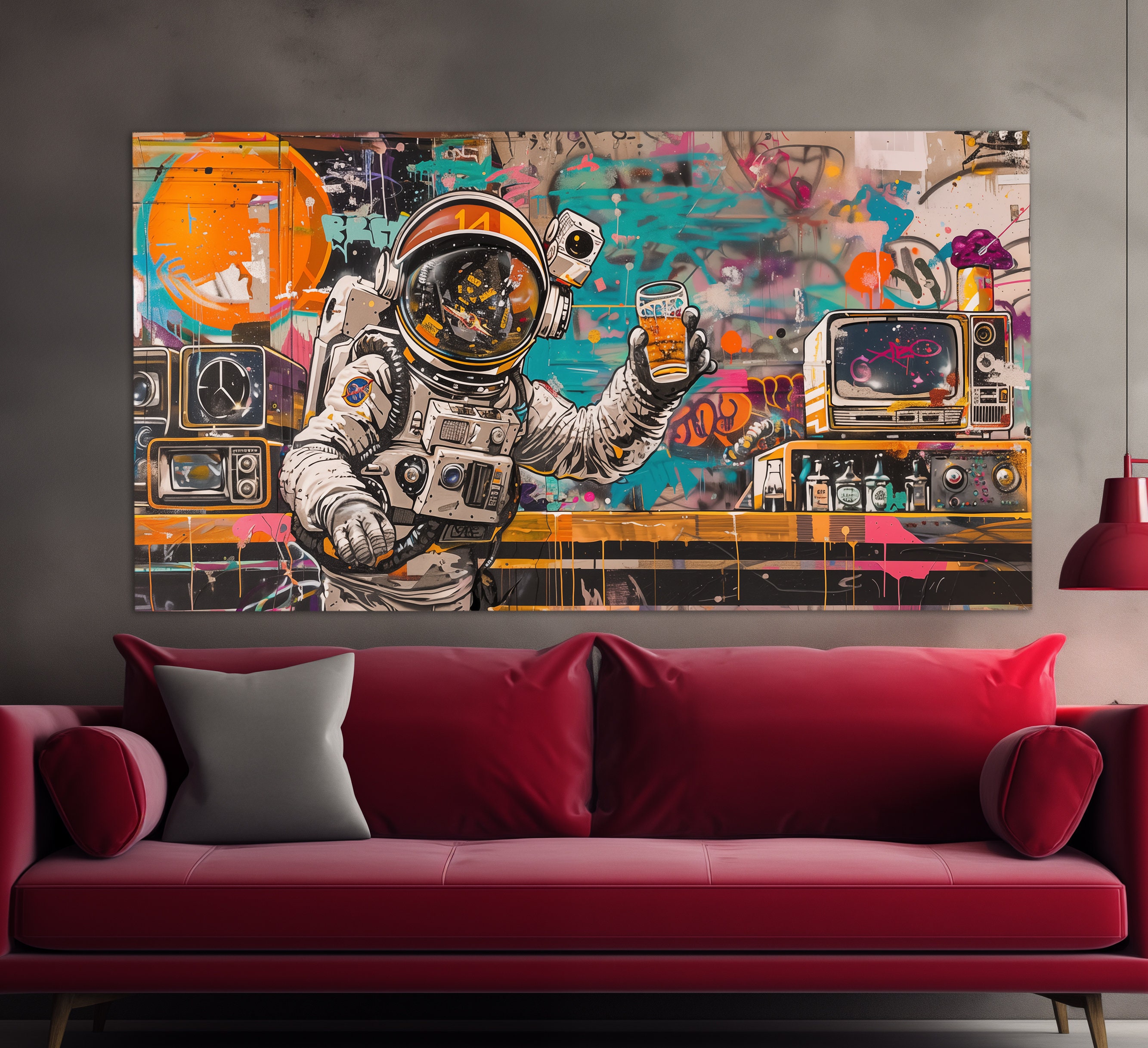 Astronaut With Beer Canvas Print, Abstract Astronaut Painting, Pop Art ...