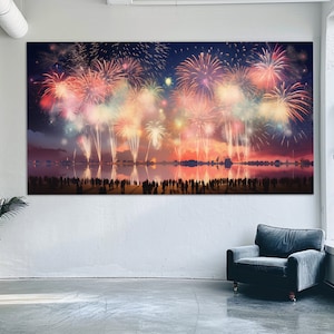Impression sur toile de feux d'artifice, peinture de feux d'artifice japonais, art mural feux d'artifice, oeuvre d'art sur toile de fête, affiche de feux d'artifice