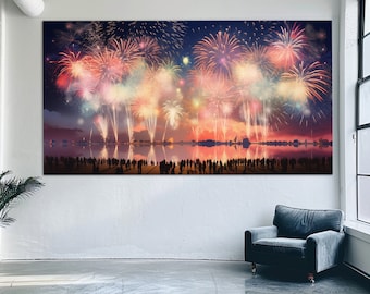 Fireworks Canvas Print, Japanese Fireworks Painting, Fireworks Wall Art, Party Canvas Art, Fireworks Poster