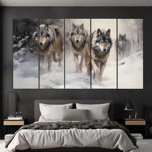 May include: A multi-panel canvas print featuring a group of four grey wolves walking through a snowy forest. The wolves are depicted in a realistic style with detailed fur and expressions.