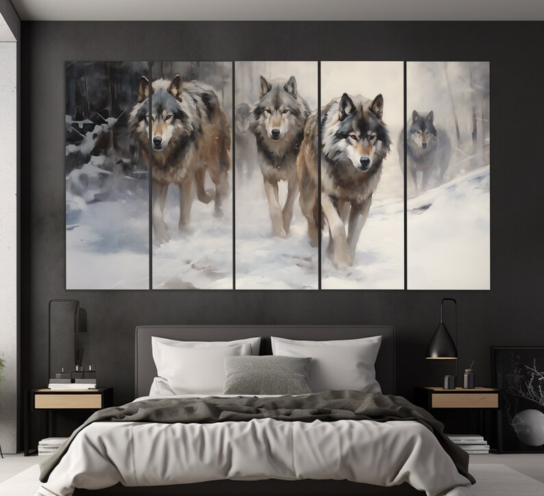 May include: A multi-panel canvas print featuring a group of four grey wolves walking through a snowy forest. The wolves are depicted in a realistic style with detailed fur and expressions.
