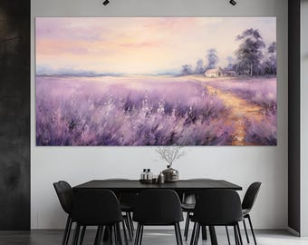 Lavender Flowers Field Canvas Print, Floral Wall Decor, Neutral Wall Art, Lavender Field Painting, Romantic Gift, Soft Colours Canvas