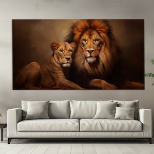 Lion and Lioness Canvas Print in a Vintage Oil Painting Style, Romantic Wall Art, Lions Painting, Romantic Gift, Bedroom Wall Decor