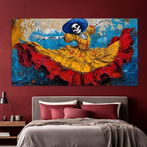 Skeleton Dance Canvas Print in An Oil Painting Style, Mexican Wall Art, Day of the Dead Canvas Art, Abstract Day of the Dead Painting