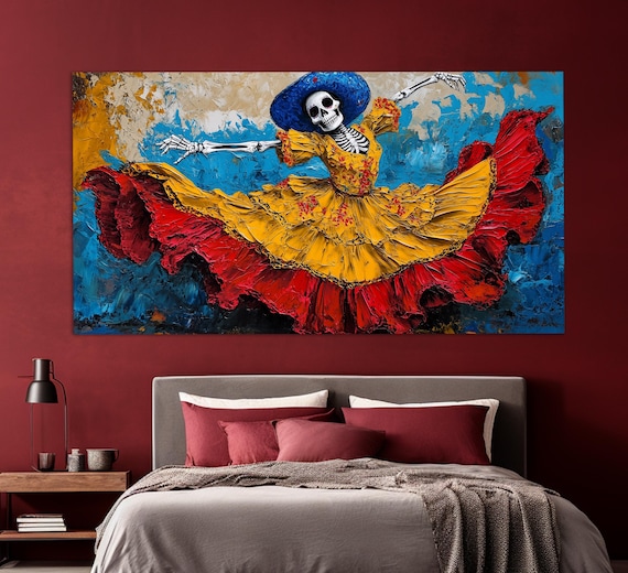 油絵風のスケルトンダンスキャンバスプリント、メキシコの壁アート