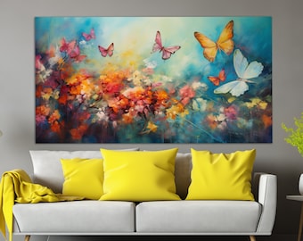 Colorful Butterflies Canvas Print in a Vintage Oil Painting Style, Abstract Wall Art, Butterfly Poster, Colorful Wall Decor