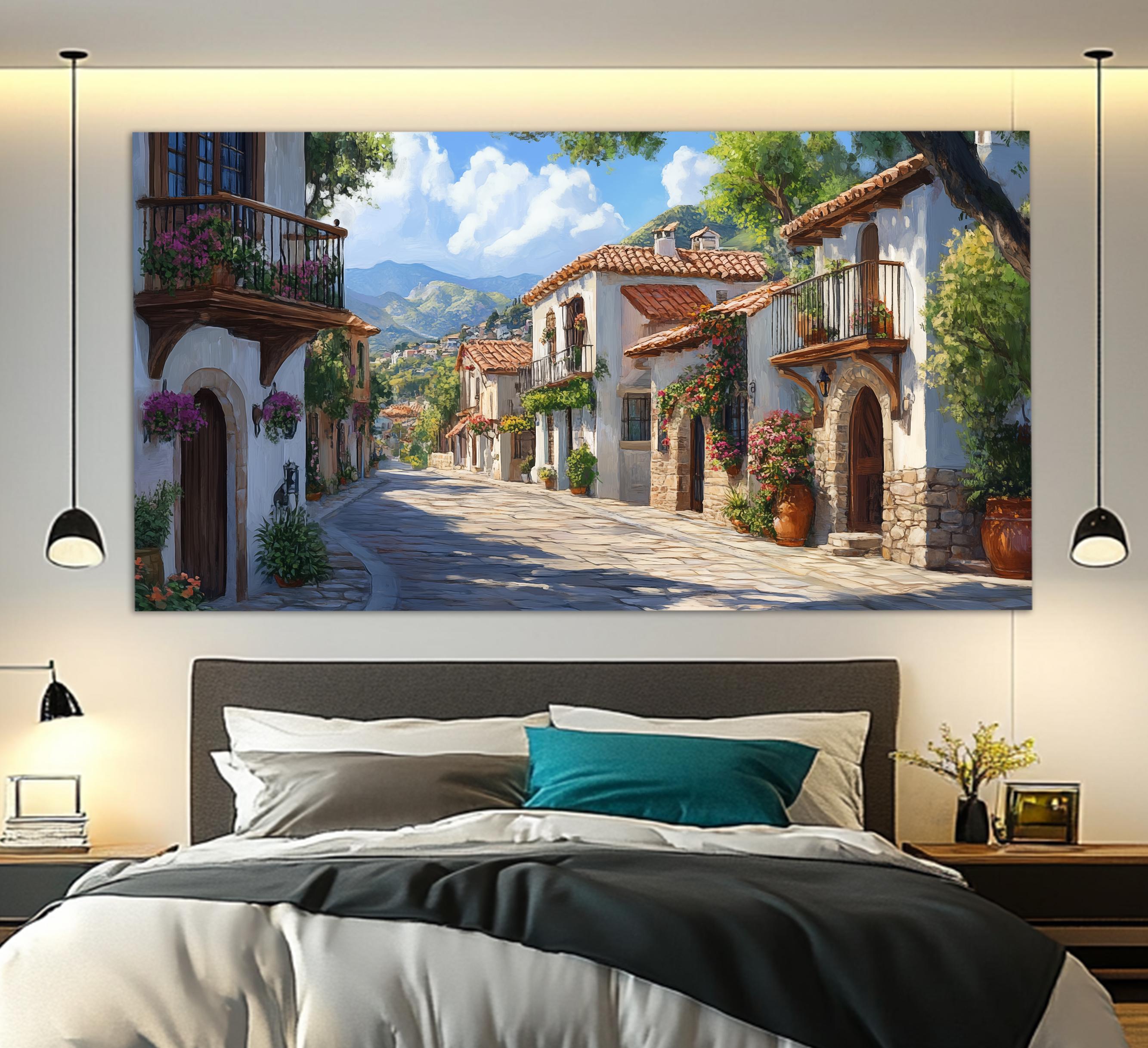 Scenic Spanish Village Downtown Canvas Print in an Oil Painting Style