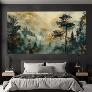 Nebliger Bergwald Leinwanddruck, Nebel im Wald Wandkunst, Luxuriöse Natur-Wanddekoration, Kiefernwald Malerei, Zartgrüne Wandkunst