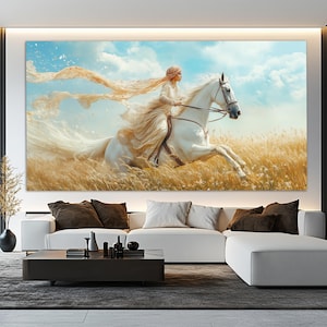 Arab Woman Riding White Horse Canvas Print in a Painting Style, Oriental Woman Painting, Oriental  Wall Art, Woman on Horse Poster