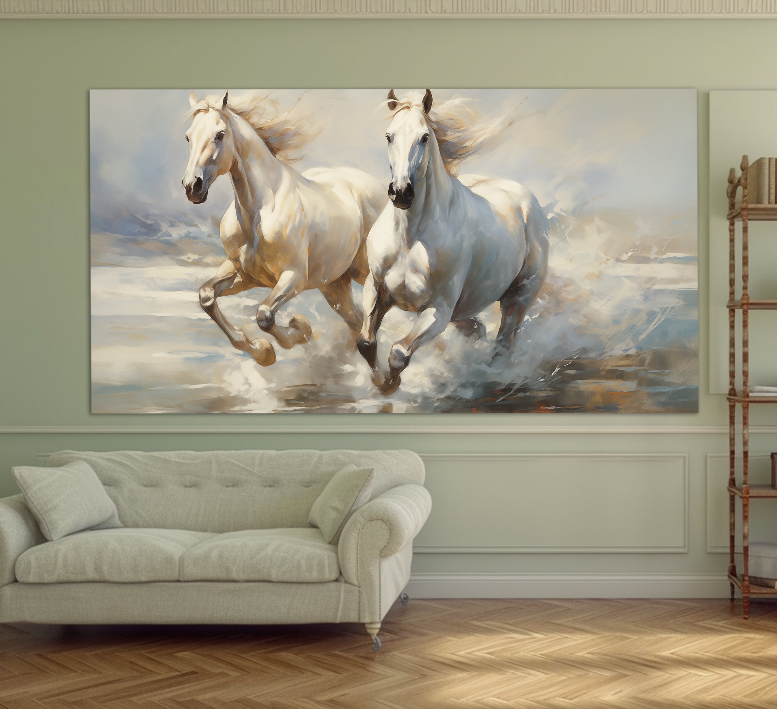 White Horses Canvas Print in a Vintage Oil Painting Style, Horses Wall ...