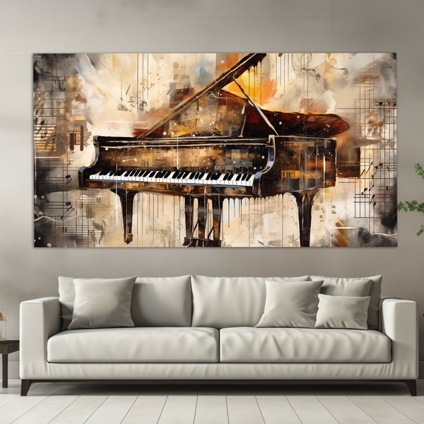 Abstract Grand Piano Canvas Print in Retro Painting Style, Music Wall Art, Piano Wall Art, Pianist Gift, Grand Piano Print