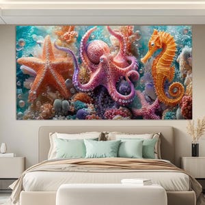 Underwater Life Canvas Print in an Oil Painting Style, Ocean Life Wall Art, Octopus Painting, Seahorse, Corals Canvas Print