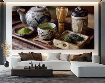Canvasafdruk theeceremonie, kunst aan de muur groene thee, muurdecoratie keuken