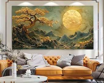 Abstract Gold Moon Landscape Canvas Print, Luxury Nature Painting, Luxury Wall Decor, Modern Wall Decor, Abstract Nature Canvas Print